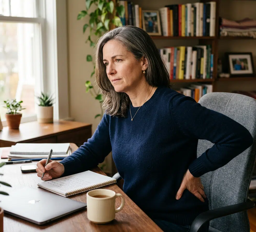 Eine Frau mittleren Alters im dunkelblauen Pullover sitzt am Schreibtisch mit Notizbuch und Laptop und hält eine Hand mit schmerzverzerrtem Ausdruck an den unteren Rücken. Im Hintergrund ein gemütliches Homeoffice mit Bücherregal und Zimmerpflanzen.