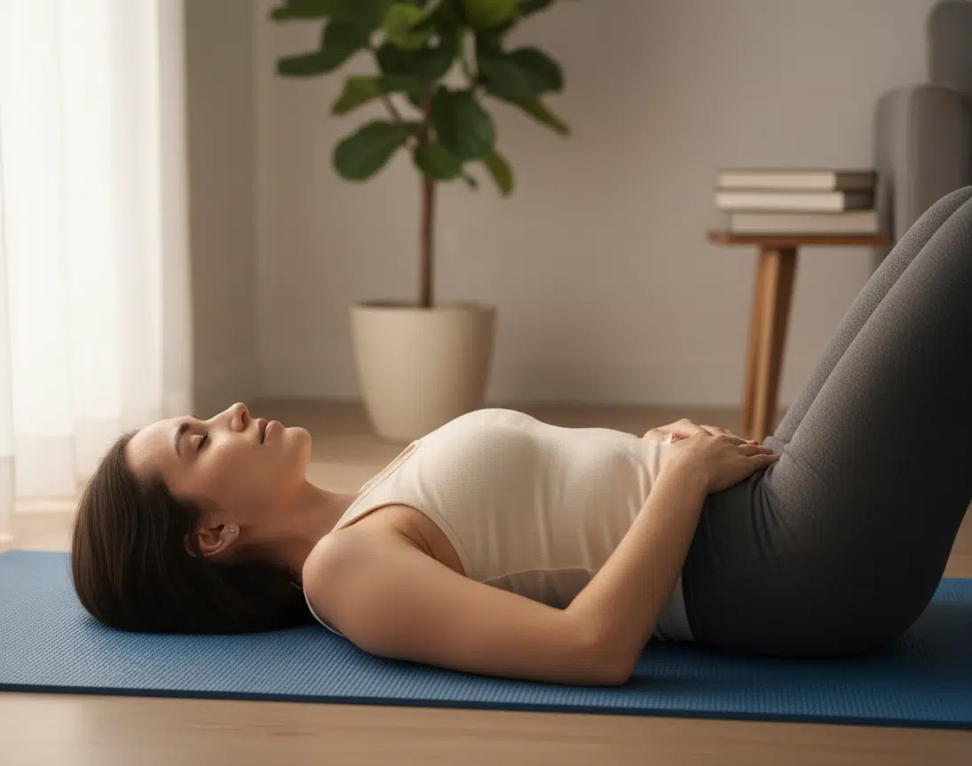 Eine Frau liegt mit angewinkelten Beinen entspannt auf einer blauen Yogamatte und legt beide Hände auf ihren Bauch. Das sanfte Tageslicht, die Zimmerpflanze und die ruhige Wohnumgebung vermitteln eine achtsame Übung zur Entspannung, Körperwahrnehmung oder Rückbildung zu Hause.