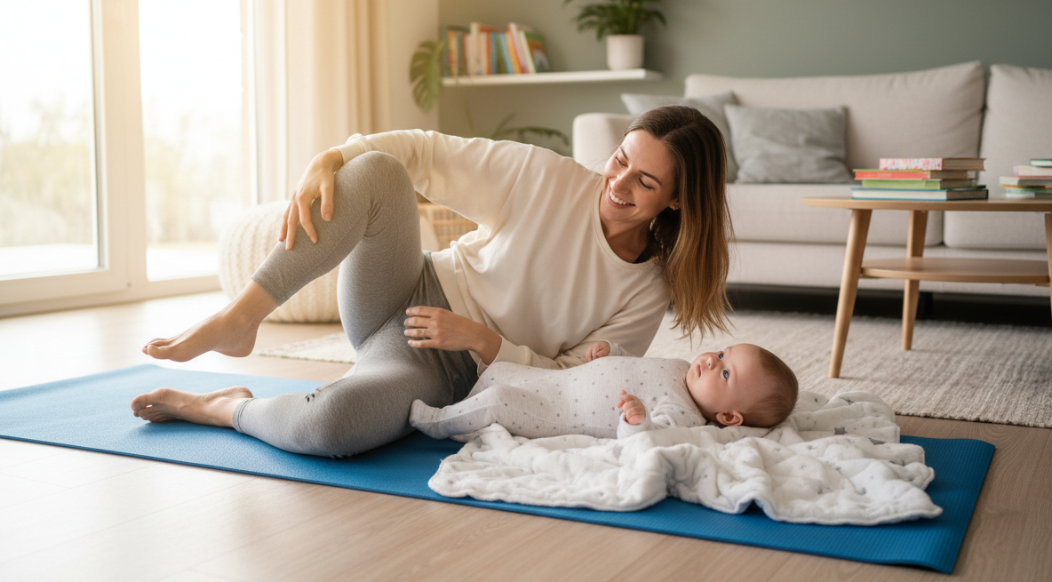 Eine Mutter macht auf einer blauen Yogamatte eine sanfte Übung in Seitenlage, während ihr Baby neben ihr auf einer weichen Decke liegt. Das helle Wohnzimmer mit Sofa, Pflanzen und Tageslicht vermittelt eine ruhige, unterstützende Atmosphäre für Rückbildung, Bewegung und gemeinsame Zeit mit dem Baby.
