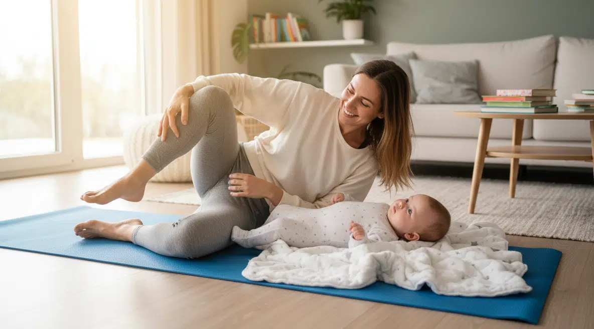 Eine Mutter macht auf einer blauen Yogamatte eine sanfte Übung in Seitenlage, während ihr Baby neben ihr auf einer weichen Decke liegt. Das helle Wohnzimmer mit Sofa, Pflanzen und Tageslicht vermittelt eine ruhige, unterstützende Atmosphäre für Rückbildung, Bewegung und gemeinsame Zeit mit dem Baby.