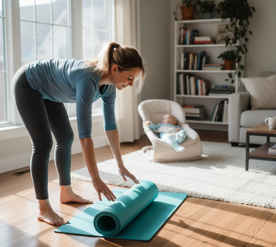 Eine Frau rollt in einem hellen Wohnzimmer eine türkisfarbene Yogamatte aus, während ihr Baby im Hintergrund in einer Babyschale liegt. Große Fenster, ein Bücherregal, Pflanzen und eine gemütliche Sitzecke schaffen eine ruhige Atmosphäre und zeigen, wie Rückbildung oder Bewegung zu Hause mit Baby vorbereitet werden kann.