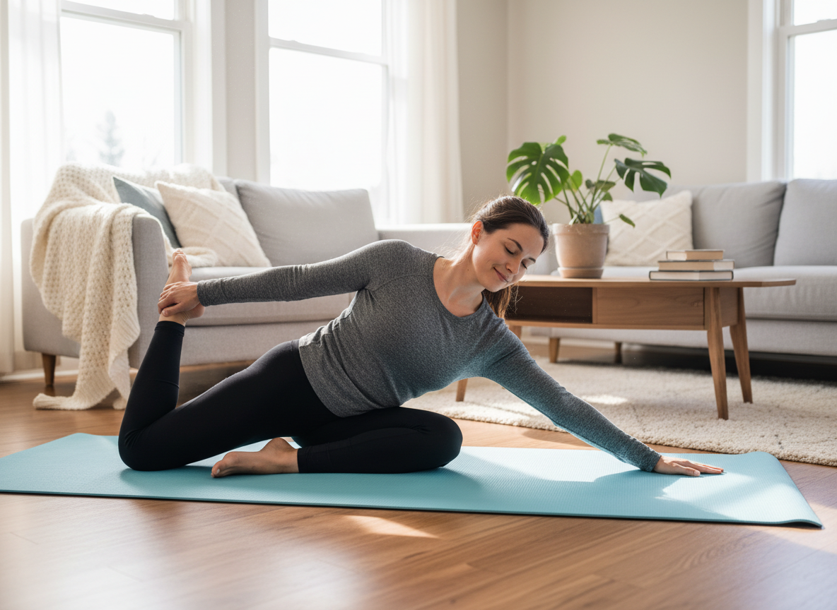 Eine Frau macht auf einer türkisfarbenen Yogamatte in einem hellen Wohnzimmer eine Dehnübung: Sie sitzt mit überkreuzten Beinen, hält einen Fuß hinter ihrem Rücken und streckt den anderen Arm seitlich aus. Sofa, Couchtisch, Bücher und eine große Zimmerpflanze im Hintergrund schaffen eine ruhige, wohnliche Atmosphäre und verdeutlichen sanfte Bewegung oder Rückbildung zu Hause.