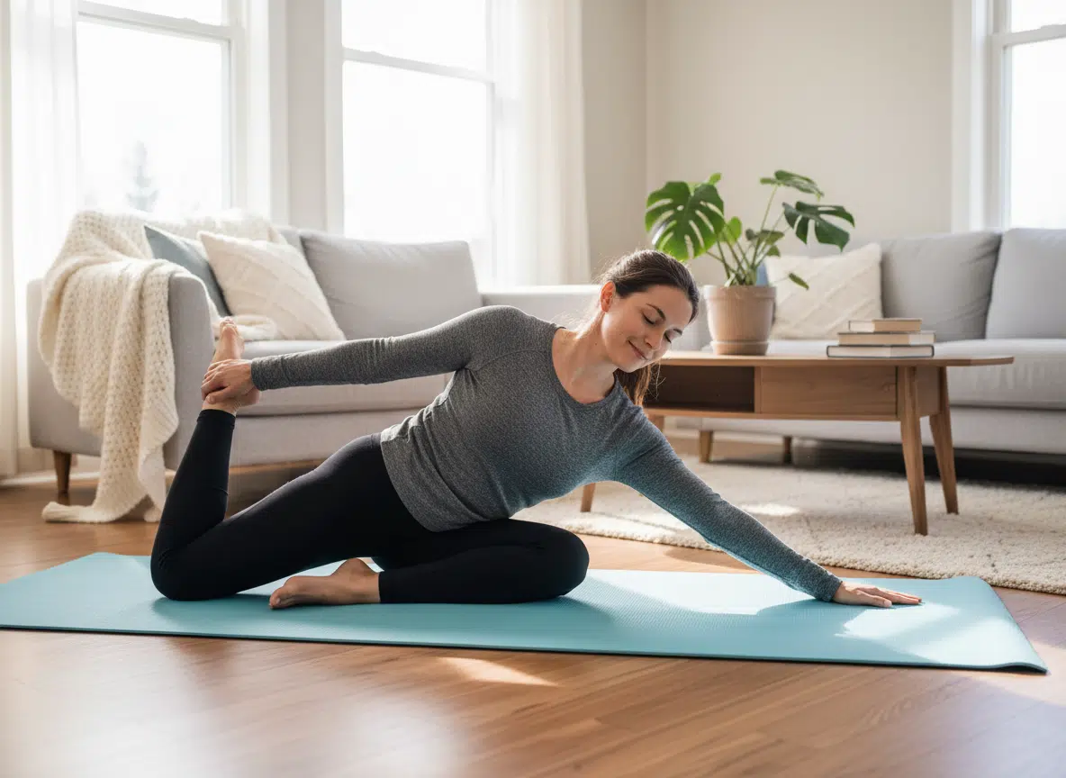 Eine Frau macht auf einer türkisfarbenen Yogamatte in einem hellen Wohnzimmer eine Dehnübung: Sie sitzt mit überkreuzten Beinen, hält einen Fuß hinter ihrem Rücken und streckt den anderen Arm seitlich aus. Sofa, Couchtisch, Bücher und eine große Zimmerpflanze im Hintergrund schaffen eine ruhige, wohnliche Atmosphäre und verdeutlichen sanfte Bewegung oder Rückbildung zu Hause.