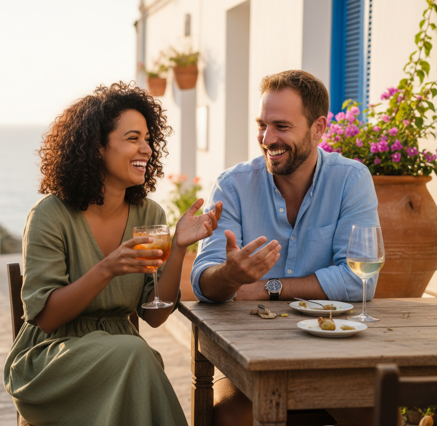 Eine Frau und ein Mann sitzen lachend an einem Holztisch auf einer mediterranen Terrasse mit Blick aufs Meer. Sie unterhalten sich entspannt bei Getränken und kleinen Snacks, während weiße Häuser, blaue Fensterläden, Blumen und warmes Abendlicht eine sommerliche spanische Urlaubsatmosphäre schaffen.