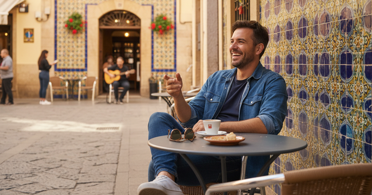 Ein lachender Mann sitzt entspannt an einem kleinen Café-Tisch in einem sonnigen spanischen Innenhof. Vor ihm stehen eine Tasse Kaffee und ein kleines Gebäck, während im Hintergrund bunte Fliesen, blühende Balkone und ein Musiker mit Gitarre die lebendige, mediterrane Atmosphäre unterstreichen.