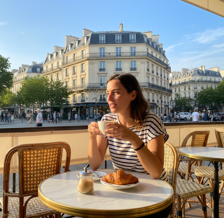 Eine Frau sitzt in einem Straßencafé, trinkt Kaffee und hat ein Croissant vor sich, während im Hintergrund eine belebte Stadtstraße mit historischen Gebäuden zu sehen ist.