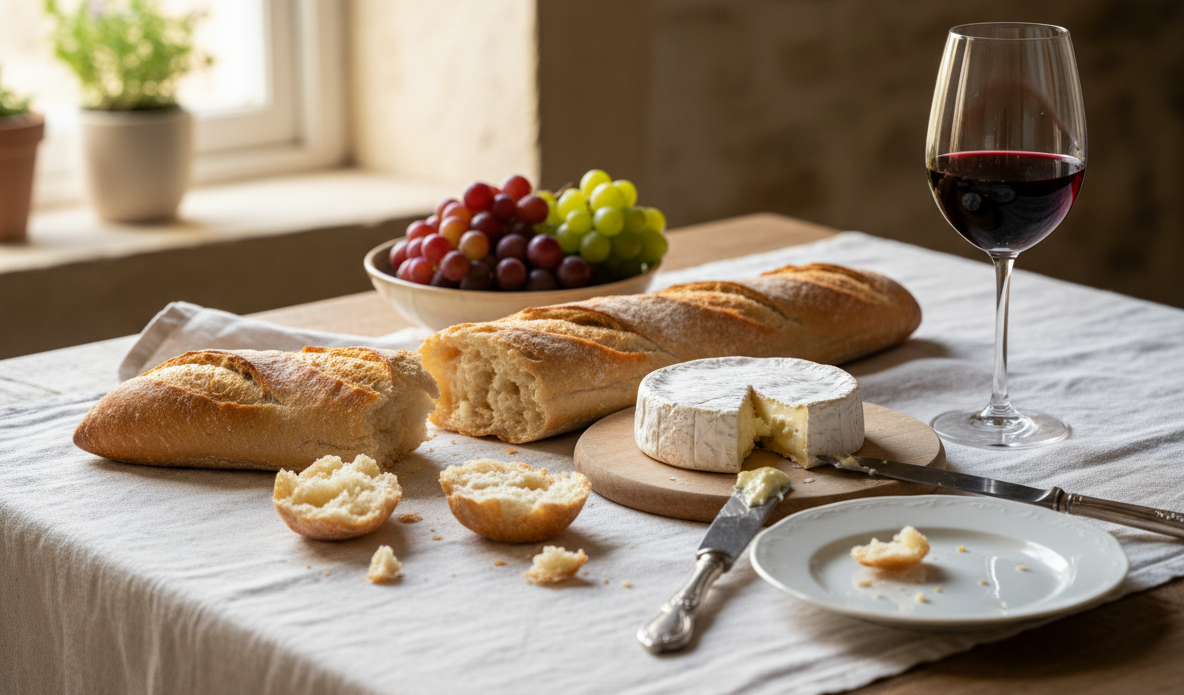 Ein gedeckter Tisch mit Baguette, Weichkäse, Trauben und einem Glas Rotwein in einer warm beleuchteten, rustikalen Umgebung.