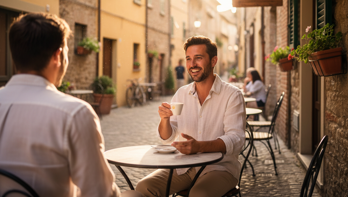 Zwei Männer sitzen in einer italienischen Gasse vor einem Café, unterhalten sich entspannt und trinken Espresso im warmen Abendlicht.