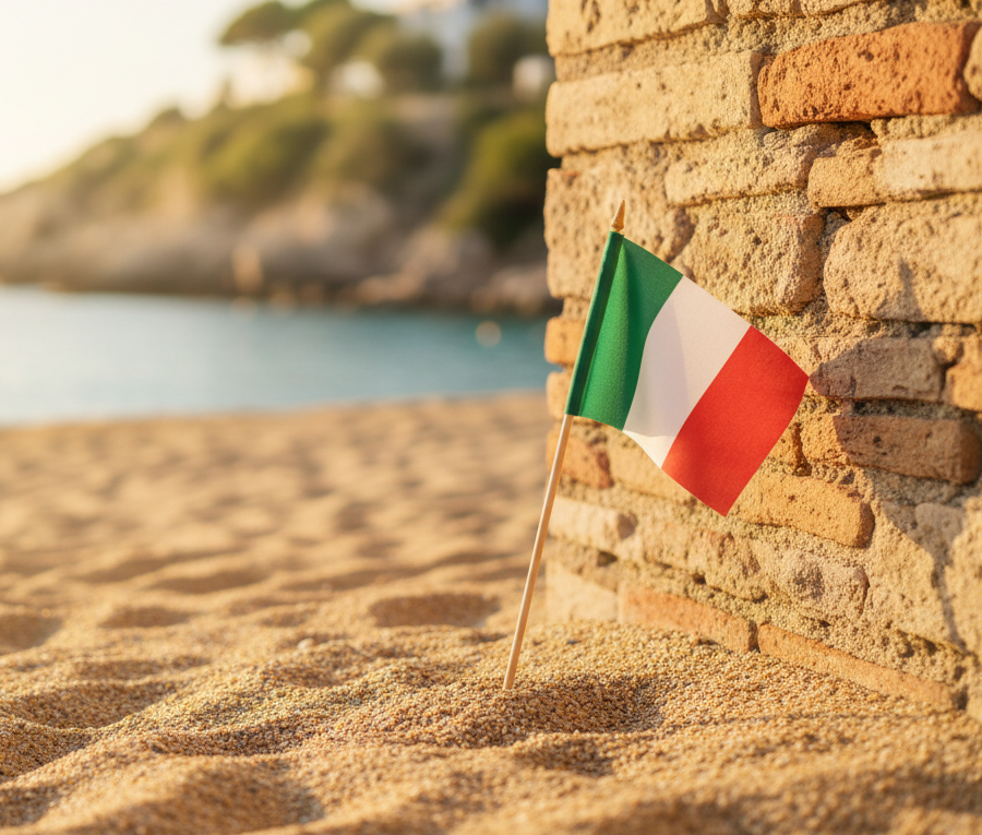 Eine kleine italienische Flagge steckt im Sand neben einer alten Steinmauer, im Hintergrund sind Strand, Meer und Küste unscharf zu sehen.