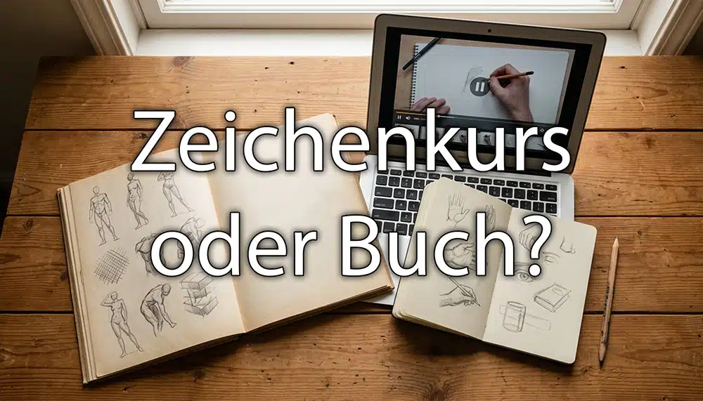 Zeichenbuch und Laptop mit Online-Kurs auf einem Schreibtisch, Bleistift daneben. Overlay Schrift: Zeichenkurs oder Buch?