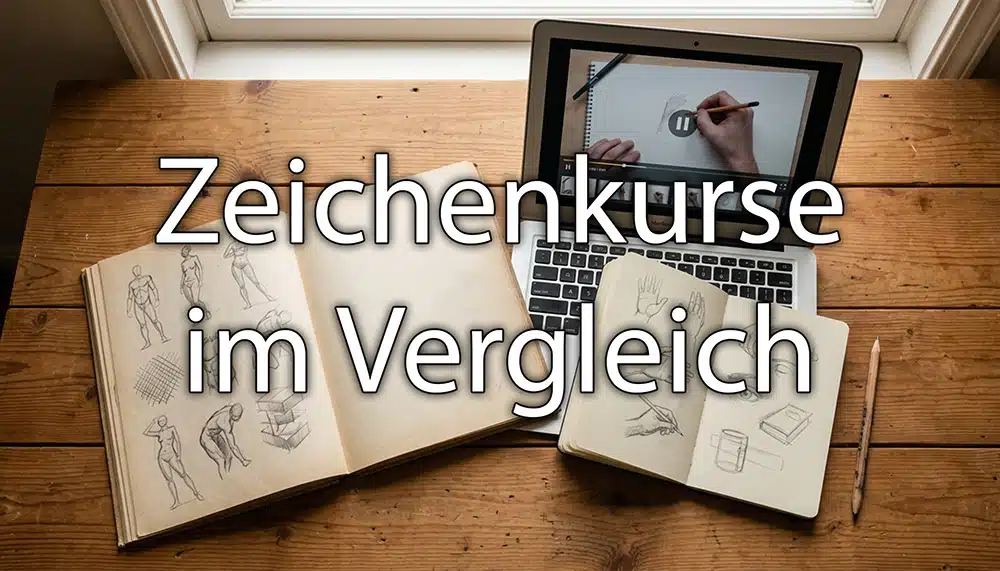 Zeichenbuch und Laptop mit Online-Kurs auf einem Schreibtisch, Bleistift daneben. Overlay Schrift: Zeichenkurs im Vergleich