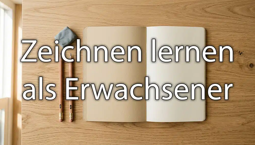Starter-Set zum Zeichnen lernen: Bleistift, Radiergummi, Skizzenheft auf Holztisch. Overlay Schrift: Zeichnen lernen als Erwachsener