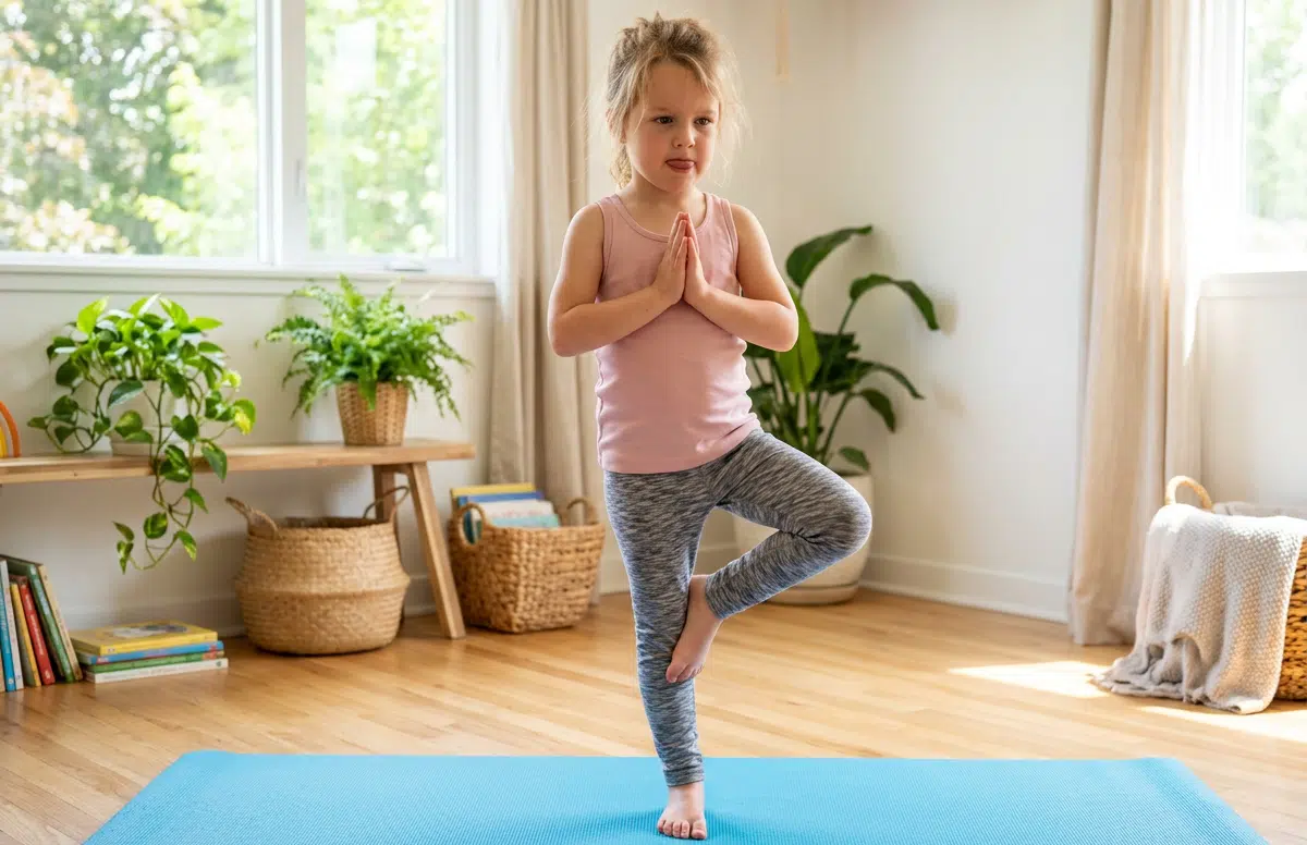 Ein Kind steht auf einer blauen Yogamatte in der Baumhaltung und übt Yoga in einem hellen, gemütlichen Raum mit Pflanzen.