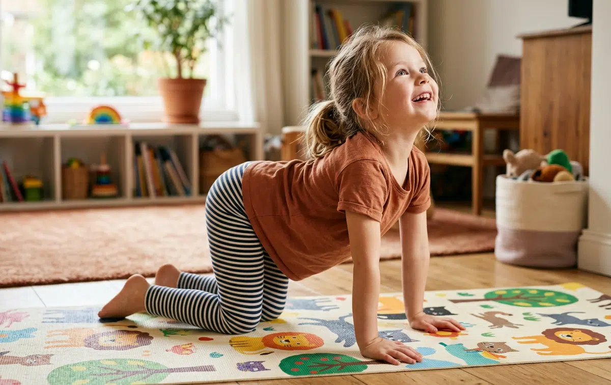 Ein lächelndes Kind macht auf einer bunten Spielmatte eine Yogaübung im Vierfüßlerstand in einem hellen Kinderzimmer.