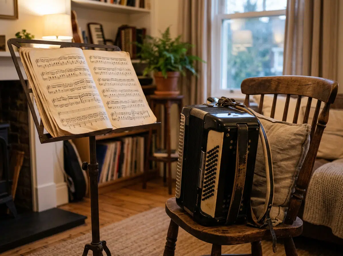 Ein Akkordeon steht auf einem Holzstuhl in einem gemütlichen Musikzimmer, daneben ein Notenständer mit geöffneten Noten. Warme Beleuchtung, Bücherregale, Pflanzen und ein Fenster im Hintergrund schaffen eine ruhige Atmosphäre für das Üben zu Hause oder den Einstieg in eine Akkordeon-Masterclass.