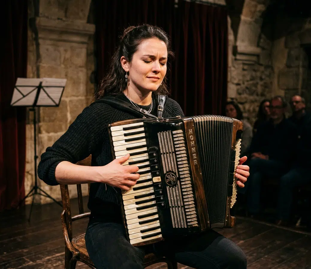 Eine Musikerin sitzt auf einer kleinen Bühne und spielt konzentriert Akkordeon vor Publikum. Der dunkle Bühnenraum mit Steinwänden, rotem Vorhang und Notenständer im Hintergrund vermittelt eine intensive Konzertatmosphäre und zeigt das Akkordeonspiel in einer professionellen Live-Situation.