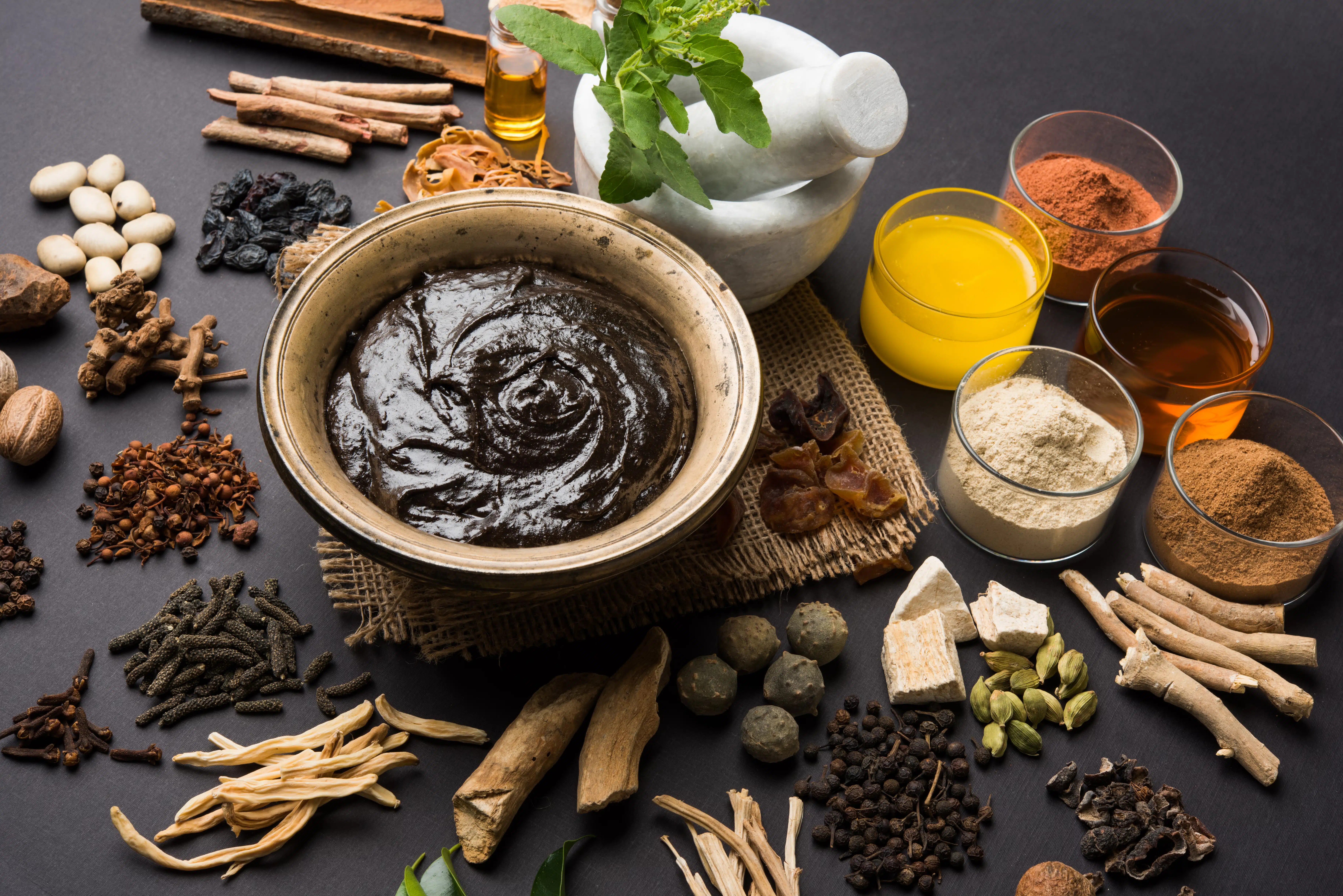 Auf einem dunklen Untergrund sind zahlreiche ayurvedische Kräuter, Wurzeln, Gewürze, Pulver, Öle und ein Mörser rund um eine Schale mit dunkler Kräuterpaste arrangiert. Die detailreiche Komposition vermittelt traditionelle Pflanzenkunde, natürliche Anwendungen und ayurvedische Rezepturen.