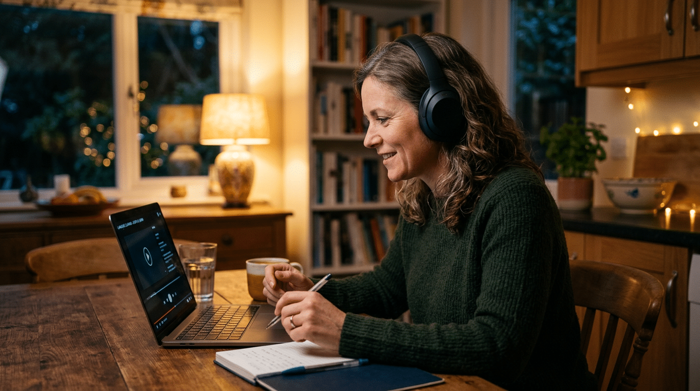 Englisch auffrischen als Erwachsener 1 - Webinare und Kurse Eine Frau sitzt abends mit Kopfhörern am Laptop und nimmt an einem Onlinekurs teil. Vor ihr liegen Notizbuch und Stift, daneben stehen ein Glas Wasser und eine Tasse. Die warme Wohnküche mit Lampe, Bücherregal und gemütlicher Beleuchtung vermittelt konzentriertes Lernen zu Hause und passt zum Thema Englisch auffrischen für Erwachsene.