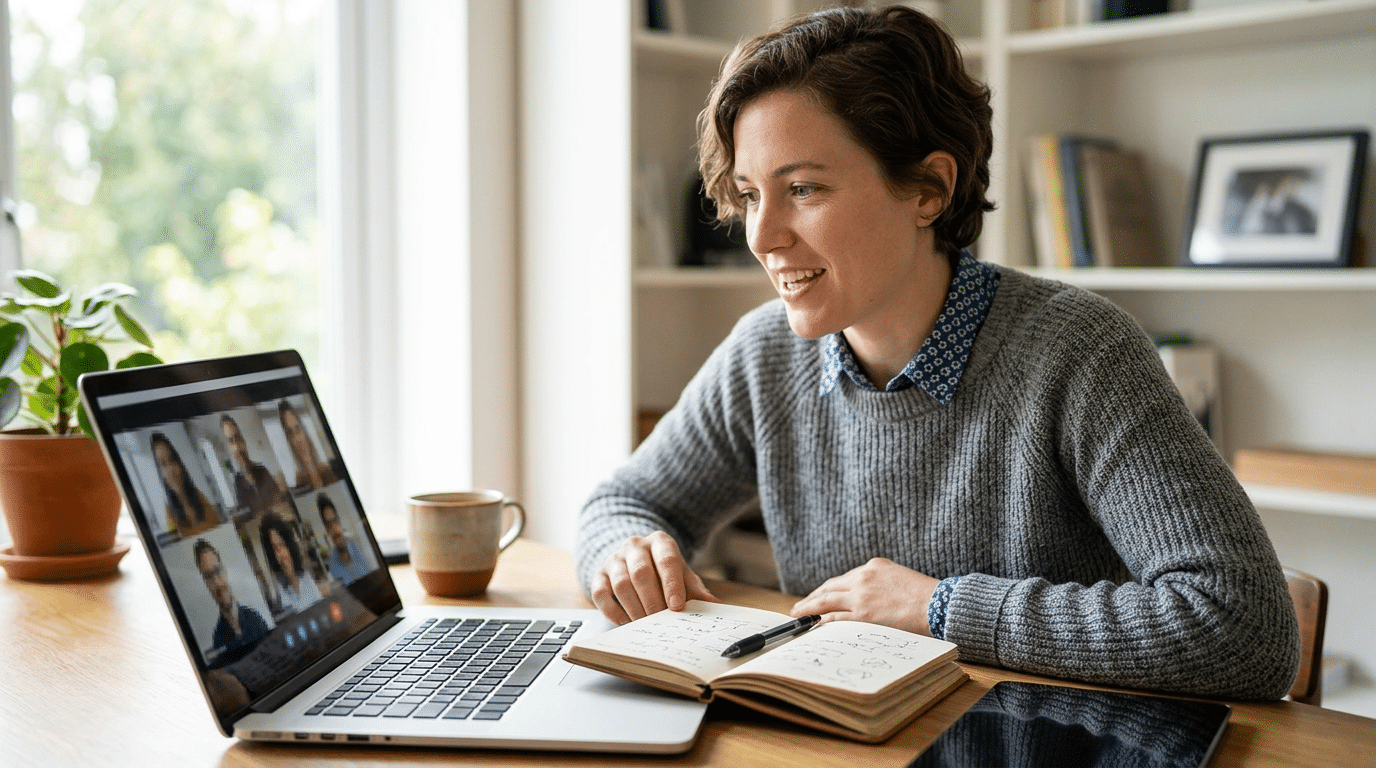 Eine Frau sitzt an einem Tisch vor einem Laptop und nimmt an einem Online-Meeting oder Sprachkurs teil. Vor ihr liegt ein geöffnetes Notizbuch mit handschriftlichen Notizen, daneben eine Tasse und ein Tablet. Die helle, ruhige Arbeitsumgebung eignet sich für Online-Englischunterricht, Konversationstraining und berufliche Weiterbildung von zu Hause.
