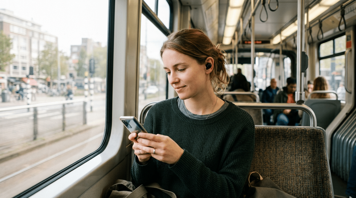 Eine Frau sitzt mit kabellosem Kopfhörer in einer Straßenbahn und nutzt ihr Smartphone. Die Szene zeigt flexibles Lernen unterwegs, etwa mit einer Sprachlern-App oder kurzen Englischlektionen im Alltag. Der Blick aus dem Fenster und die ruhige Haltung vermitteln mobiles, entspanntes Englischlernen für Erwachsene.