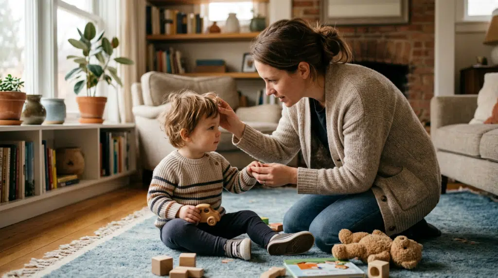 Erste Hilfe bei Kindernotfällen 11 - Webinare und Kurse Eine Mutter kniet neben einem kleinen Kind auf dem Wohnzimmerboden und überprüft es behutsam. Das Kind sitzt ruhig.