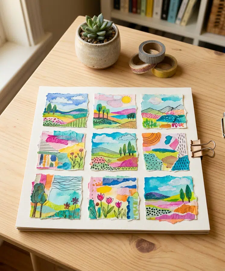 Helles Holzpult mit einem 3×3-Raster-Collage aus neun kleinen Aquarelllandschaften in leuchtenden Farben mit Bäumen, Hügeln, Wolken und Blumen. Daneben Sakura Micron Fineliner, Pinsel, Wasserglas, Washi-Tape-Rollen und eine kleine Sukkulente.