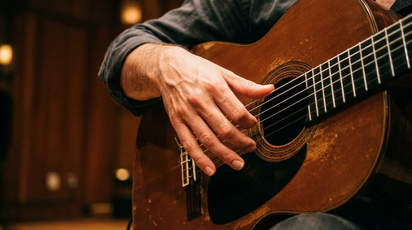 Nahaufnahme eines Händepaars, das eine klassische Gitarre mit Flamenco-Technik spielt, Finger in Position für einen Rasgueado-Anschlag, warmes Bühnen- oder Studiolicht, hölzerner Hintergrund.