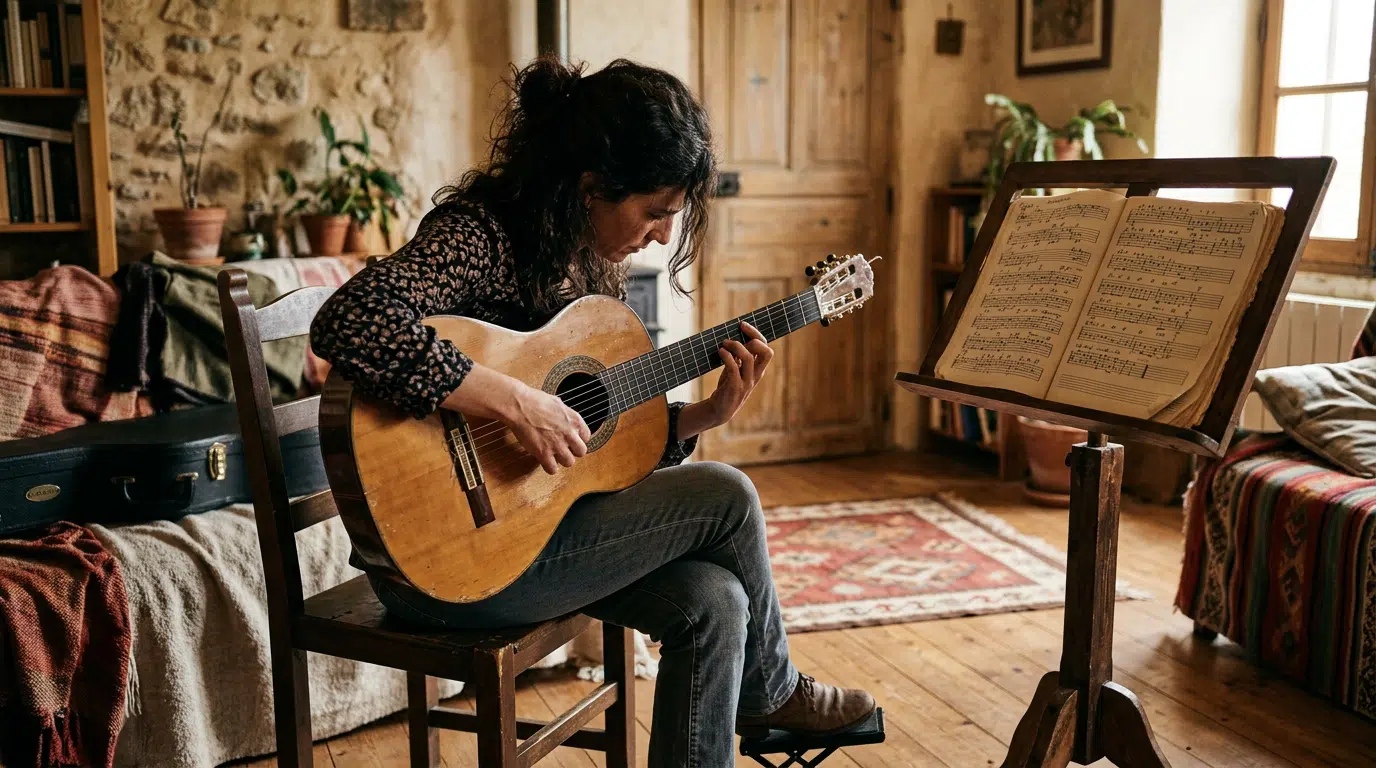 Person sitzt auf einem Holzstuhl in einem warmen Raum beim Flamenco-Gitarre-Üben, ein Notenständer mit handgeschriebenen Notizen daneben, konzentrierter und versunkener Gesichtsausdruck.