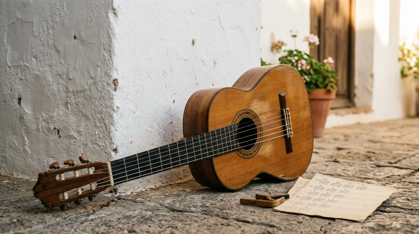Nahaufnahme einer Flamenco-Gitarre, die gegen eine weiß getünchte Wand in warmem Nachmittagslicht lehnt, ihr warmer Holzkörper und die Nylonsaiten gut sichtbar. Ein Kapodaster und einige handgeschriebene Akkordblätter liegen daneben.