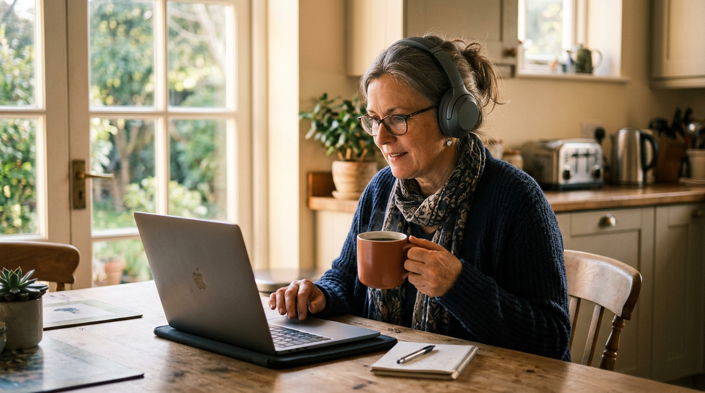 Frau mittleren Alters sitzt am Küchentisch mit einem Laptop und Kopfhörern und schaut eine Online-Lektion. Morgenlicht fällt durch das Fenster, eine Kaffeetasse steht daneben. Entspannter, konzentrierter Gesichtsausdruck. Kein lesbarer Text, keine Logos.