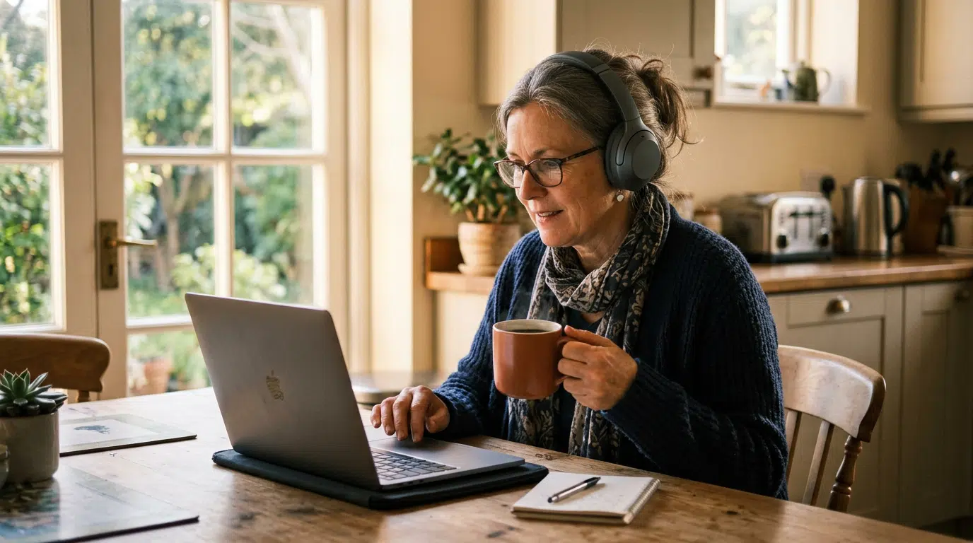 Frau mittleren Alters sitzt am Küchentisch mit einem Laptop und Kopfhörern und schaut eine Online-Lektion. Morgenlicht fällt durch das Fenster, eine Kaffeetasse steht daneben. Entspannter, konzentrierter Gesichtsausdruck. Kein lesbarer Text, keine Logos.