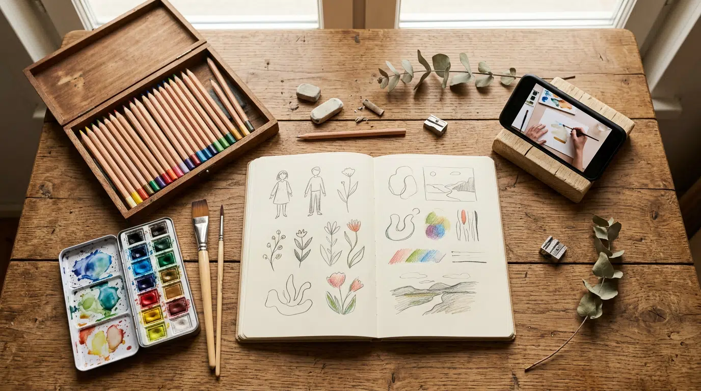 Flat Lay auf einem Holztisch mit kreativen Lernmaterialien: Buntstifte, ein Skizzenbuch mit Zeichnungen, ein kleines Aquarell-Set und ein aufgestelltes Smartphone mit einer Video-Lektion. Warmes natürliches Licht. Kein lesbarer Text, keine Logos.