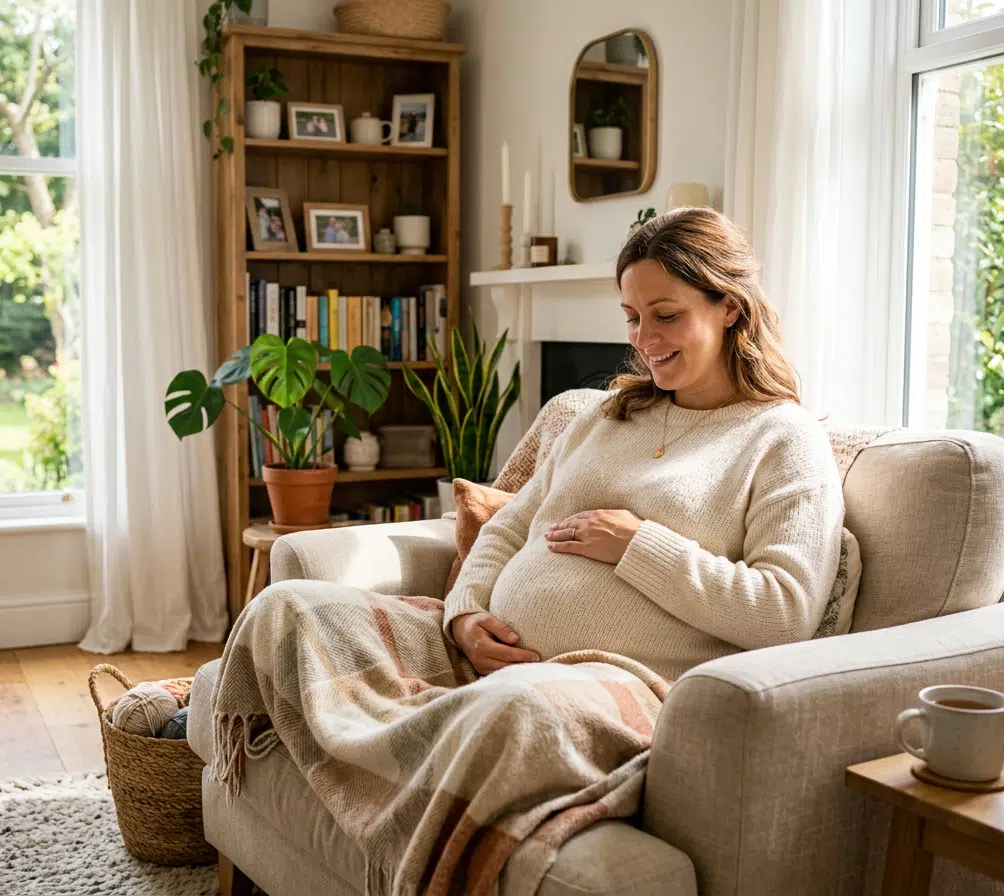Eine schwangere Frau sitzt entspannt auf einem hellen Sofa im Wohnzimmer und legt lächelnd beide Hände auf ihren Bauch. Um sie herum sorgen große Fenster mit Blick ins Grüne, Zimmerpflanzen, ein Bücherregal, eine weiche Decke und eine Tasse Tee für eine warme, geborgene Atmosphäre. Die Szene vermittelt Ruhe, Vorfreude und bewusste Vorbereitung auf die Geburt zu Hause.