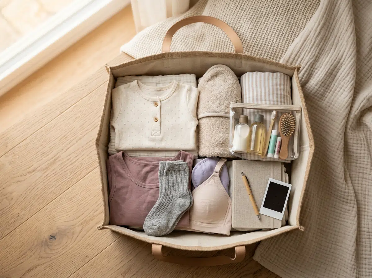 Eine sorgfältig gepackte Kliniktasche steht auf einem hellen Holzboden neben einer weichen Decke. Darin liegen ordentlich gefaltete Baby- und Umstandskleidung, Socken, Handtuch, Still-BH, Pflegeprodukte, Zahnbürste, Haarbürste sowie ein Notizbuch mit Stift und Foto. Die warme, ruhige Bildstimmung vermittelt Vorbereitung, Geborgenheit und Organisation vor der Geburt.