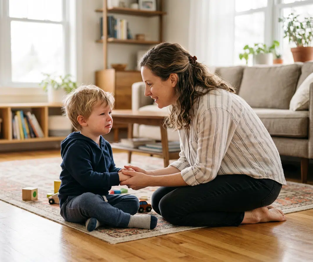 Eine Mutter kniet im Wohnzimmer vor ihrem kleinen Kind, hält behutsam seine Hände und spricht ihm freundlich zu. Das Kind sitzt mit ernstem, leicht traurigem Gesichtsausdruck auf einem Teppich, während Spielzeugautos und Bauklötze um es herum liegen. Die helle, ruhige Wohnumgebung mit Sofa, Pflanzen, Bücherregal und warmem Tageslicht vermittelt einen einfühlsamen Moment der Begleitung während einer Trotzphase oder emotionalen Alltagssituation.