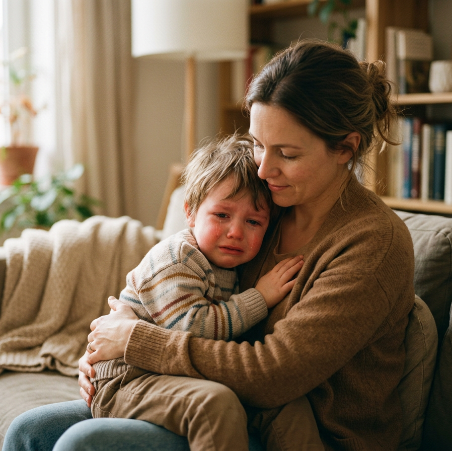 Eine Mutter sitzt mit ihrem weinenden Kind auf dem Sofa und hält es liebevoll im Arm. Das Kind lehnt sich mit gerötetem Gesicht an sie, während die Mutter ruhig und tröstend auf es eingeht. Die warme Wohnumgebung mit Bücherregal, Pflanzen, Decken und sanftem Tageslicht vermittelt Geborgenheit und zeigt einen einfühlsamen Moment während einer Trotz- oder Überforderungssituation.