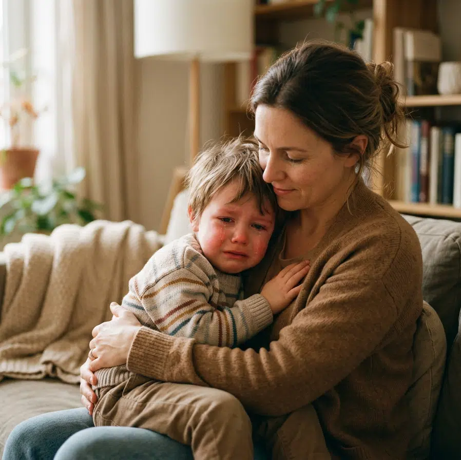 Eine Mutter sitzt mit ihrem weinenden Kind auf dem Sofa und hält es liebevoll im Arm. Das Kind lehnt sich mit gerötetem Gesicht an sie, während die Mutter ruhig und tröstend auf es eingeht. Die warme Wohnumgebung mit Bücherregal, Pflanzen, Decken und sanftem Tageslicht vermittelt Geborgenheit und zeigt einen einfühlsamen Moment während einer Trotz- oder Überforderungssituation.