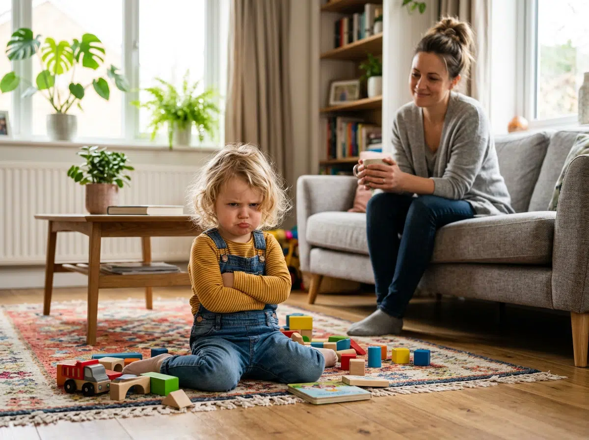 Ein kleines Kind sitzt mit verschränkten Armen und schmollendem Gesichtsausdruck auf einem Teppich im Wohnzimmer, umgeben von Bauklötzen, einem Spielzeugauto und einem Bilderbuch. Im Hintergrund sitzt eine Frau auf dem Sofa und beobachtet das Kind ruhig mit einer Tasse in den Händen. Die helle, gemütliche Wohnumgebung mit Pflanzen, Büchern und Spielzeug verdeutlicht eine typische Trotzphase im Familienalltag und den gelassenen Umgang damit.
