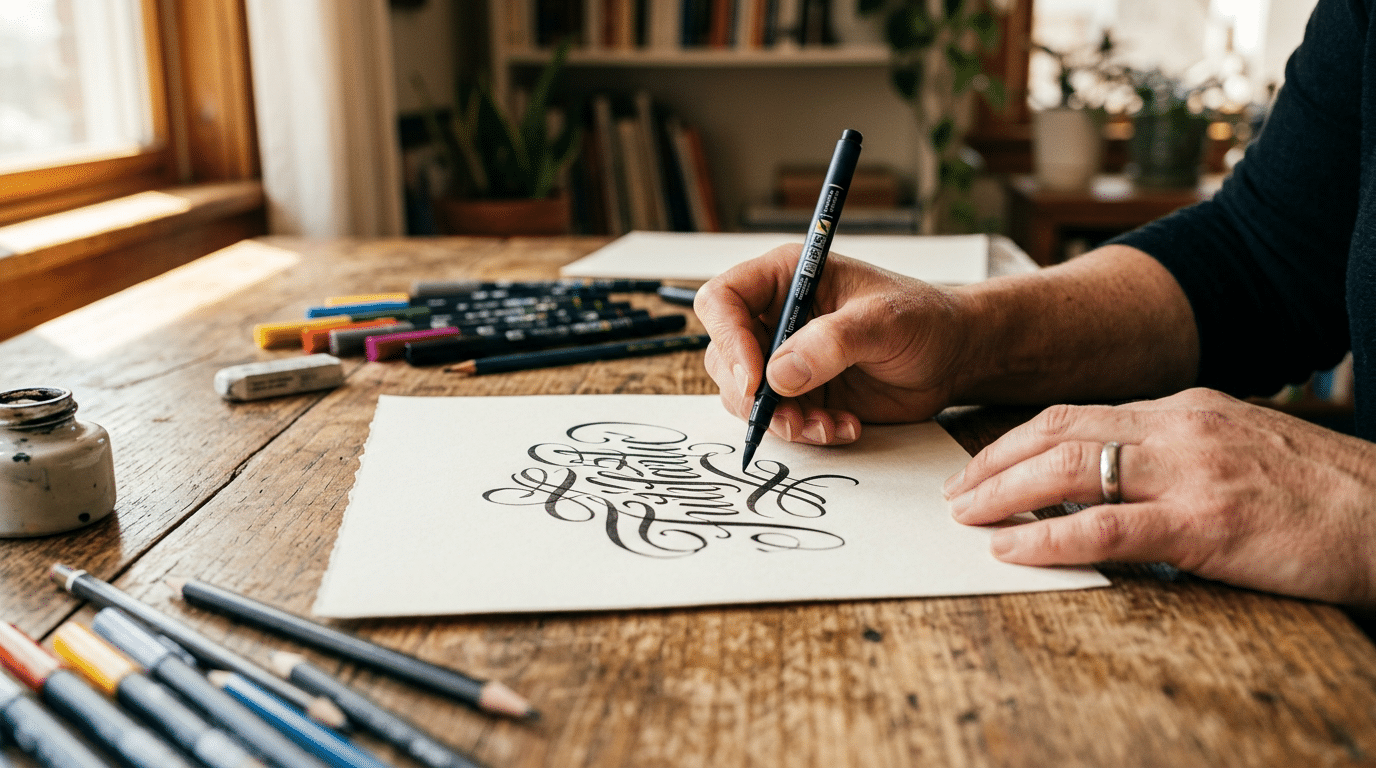 Eine Person gestaltet mit einem schwarzen Brush Pen kunstvolle Schriftzüge auf Papier. Auf dem rustikalen Holztisch liegen weitere Stifte, Marker, ein Radiergummi und Tinte bereit. Die Nahaufnahme zeigt die ruhige, kreative Arbeit beim Handlettering und eignet sich für Themen wie Lettering lernen, moderne Kalligrafie und kreative Gestaltung mit Stift und Papier.