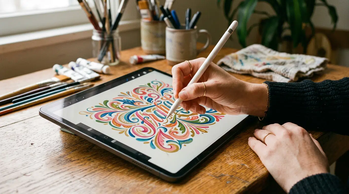 Eine Hand zeichnet mit einem digitalen Stift ein farbenfrohes Ornament auf einem Tablet. Auf dem Schreibtisch liegen Pinsel, Farben, Stifte und ein bemaltes Tuch, wodurch eine kreative Atelieratmosphäre entsteht. Die Szene verbindet digitales Zeichnen mit Handlettering, Illustration und moderner kreativer Gestaltung.
