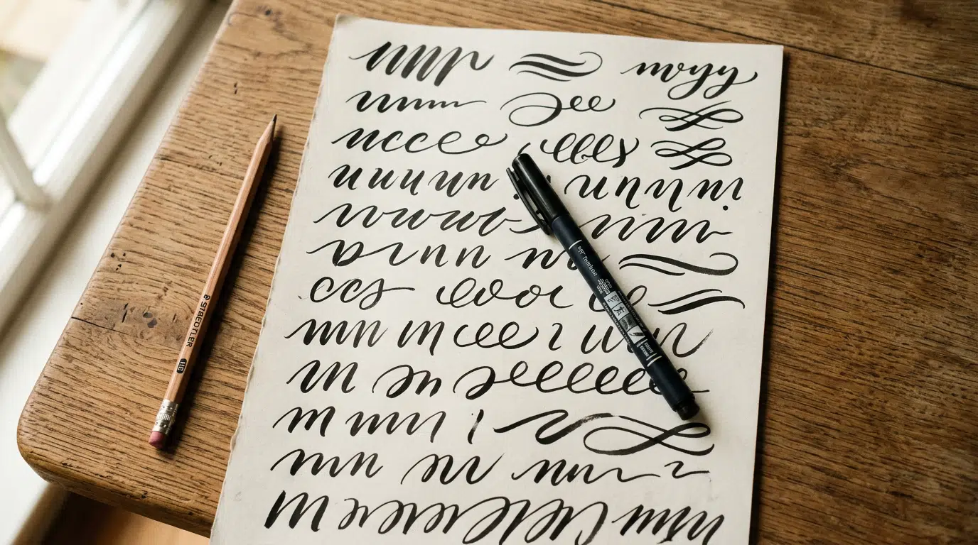 Ein Blatt mit verschiedenen Handlettering-Übungen liegt auf einem Holztisch, daneben ein Bleistift und ein schwarzer Brush Pen. Zu sehen sind geschwungene Linien, Buchstabenformen und dekorative Schwünge als Übung für Schriftbild, Druck und Linienführung. Das Bild passt zu Handlettering für Anfänger, Kalligrafie-Übungen und kreativem Schreiben.