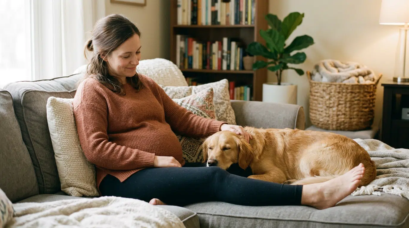Eine schwangere Frau sitzt entspannt auf dem Sofa und streichelt einen Golden Retriever, der neben ihr liegt. Die gemütliche Wohnatmosphäre mit Kissen, Decken, Bücherregal, Pflanze und warmem Licht vermittelt Ruhe, Vertrauen und die Vorbereitung auf das Zusammenleben von Hund und Baby.