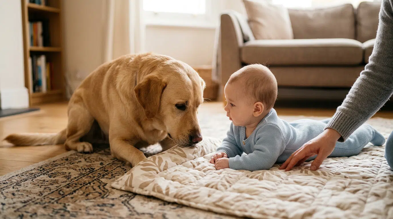 Ein Baby liegt auf einer weichen Decke im Wohnzimmer, während ein Golden Retriever vorsichtig in der Nähe schnuppert. Eine erwachsene Hand begleitet die Situation schützend. Die ruhige Szene verdeutlicht behutsames Kennenlernen, Aufmerksamkeit und Sicherheit beim ersten Kontakt zwischen Baby und Hund.