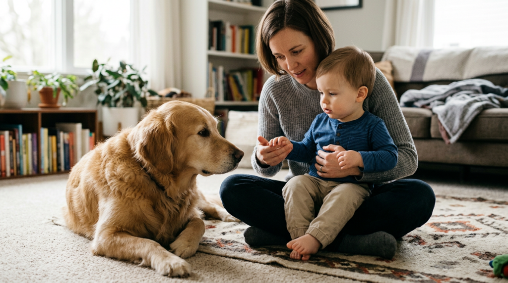 Hund und Baby 3 - Webinare und Kurse Eine Mutter sitzt mit ihrem Kleinkind auf dem Teppich und führt es behutsam an einen Golden Retriever heran. Der Hund liegt ruhig gegenüber und beobachtet die Situation aufmerksam. Die Szene zeigt einen liebevollen, kontrollierten Kontakt zwischen Kind und Hund und passt zum Thema sichere Gewöhnung und harmonisches Familienleben mit Hund.