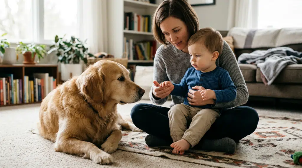 Hund und Baby 3 - Webinare und Kurse Eine Mutter sitzt mit ihrem Kleinkind auf dem Teppich und führt es behutsam an einen Golden Retriever heran. Der Hund liegt ruhig gegenüber und beobachtet die Situation aufmerksam. Die Szene zeigt einen liebevollen, kontrollierten Kontakt zwischen Kind und Hund und passt zum Thema sichere Gewöhnung und harmonisches Familienleben mit Hund.