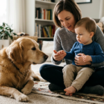Eine Mutter sitzt mit ihrem Kleinkind auf dem Teppich und führt es behutsam an einen Golden Retriever heran. Der Hund liegt ruhig gegenüber und beobachtet die Situation aufmerksam. Die Szene zeigt einen liebevollen, kontrollierten Kontakt zwischen Kind und Hund und passt zum Thema sichere Gewöhnung und harmonisches Familienleben mit Hund.