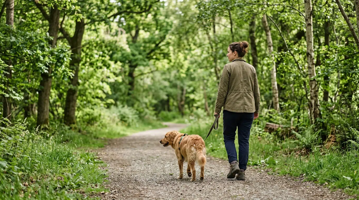 Hundeschule Hundetrainer oder Onlinekurs 1 - Webinare und Kurse Eine Frau geht ruhig mit einem mittelgroßen beigen Hund an lockerer Leine einen Parkweg entlang.