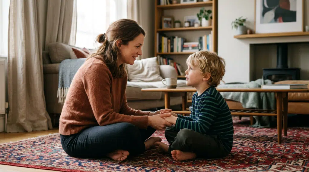 Kindersicherheit im Alltag 1 - Webinare und Kurse Eine Mutter sitzt ihrem Kind im Wohnzimmer gegenüber und hält behutsam seine Hände, während sie mit ihm spricht. Die warme, vertrauensvolle Atmosphäre vermittelt Nähe, Aufmerksamkeit und kindgerechte Kommunikation. Die Szene eignet sich für Themen wie Sicherheit im Alltag, Regeln erklären, Ängste ernst nehmen und Kinder liebevoll begleiten.