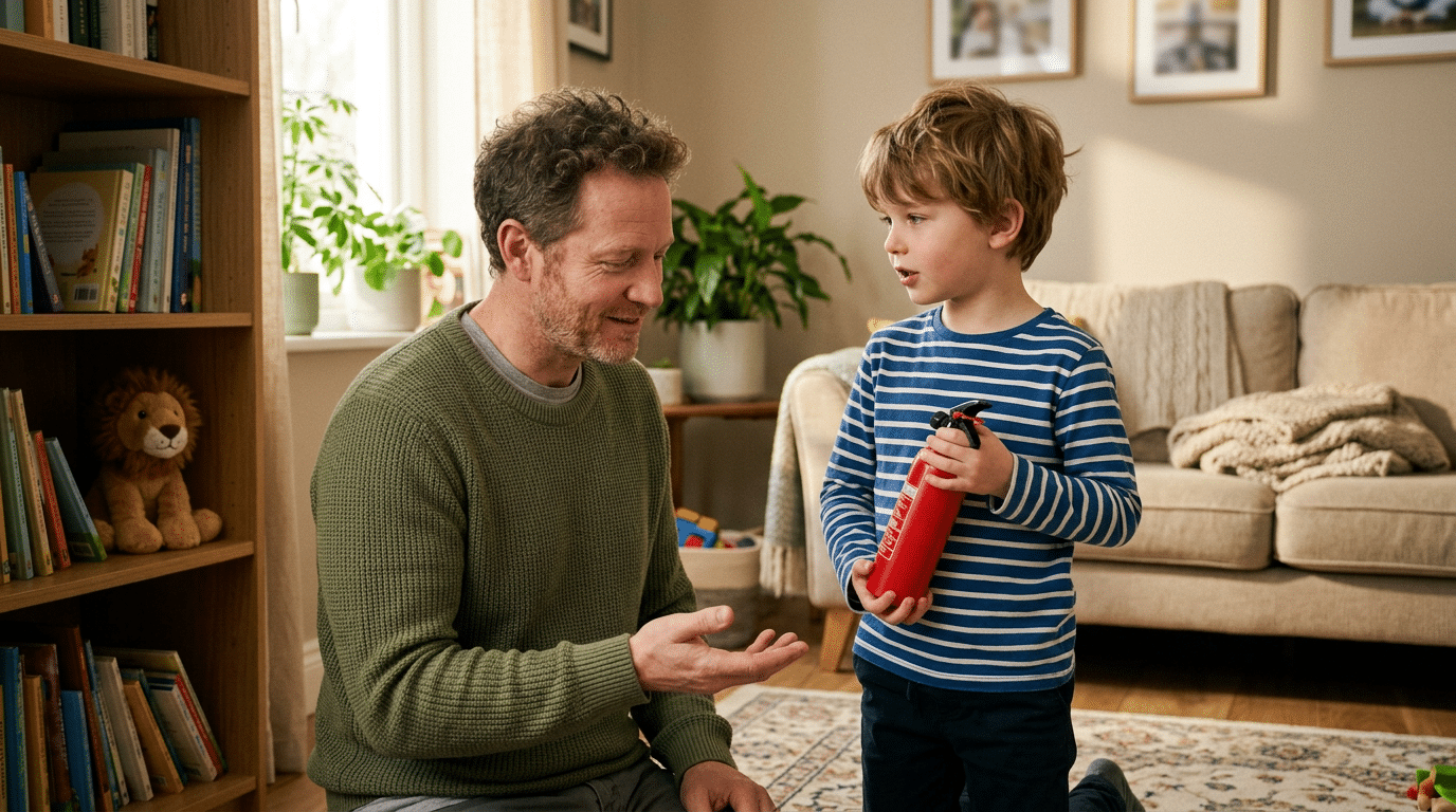 Ein Vater erklärt einem kleinen Jungen im Wohnzimmer den Umgang mit einem Feuerlöscher. Die ruhige Gesprächssituation vermittelt kindgerechte Aufklärung, Brandschutz und Sicherheit im Haushalt. Die Szene passt zum Thema Kindersicherheit im Alltag, Gefahren erklären und Kinder behutsam auf Notfälle vorbereiten.