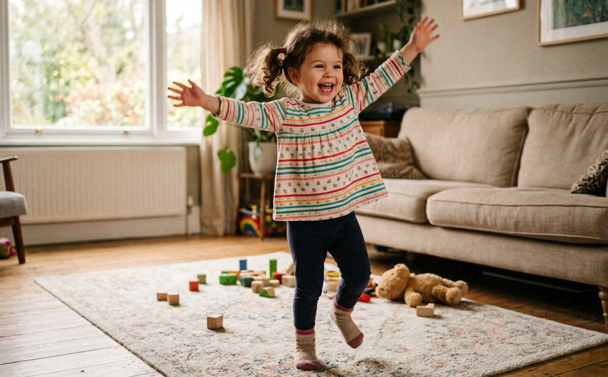 Ein kleines Kind tanzt fröhlich mit weit ausgestreckten Armen in einem gemütlichen Wohnzimmer. Auf dem Teppich liegen bunte Bauklötze und ein Teddybär, während Sofa, Bücherregal, große Fenster und warmes Tageslicht eine freundliche Familienatmosphäre schaffen. Die Szene vermittelt Freude an Bewegung, spielerischen Kindertanz und unbeschwertes Ausprobieren zu Hause.